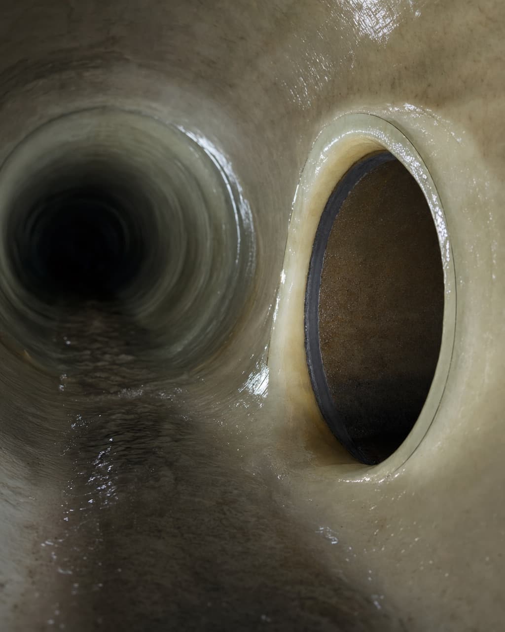 Un raccordement de branchement vu de l’intérieur d’une canalisation chemisée, l’ouverture recoupée dans la résine